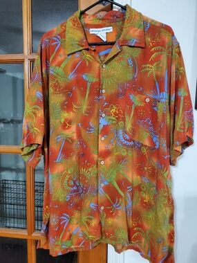 Irvine Park Hawaiian Shirt XL Orange Tropical Palm Print Rayon Camp Resort